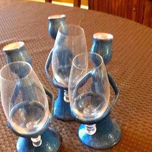One of a kind handcrafted blue pottery w/ stemless wine glasses. Set of 8.